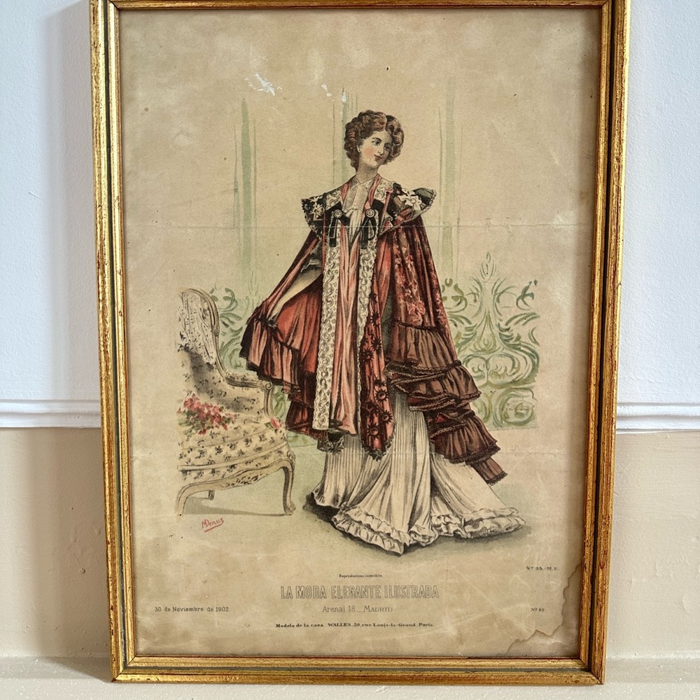 Antique 1902 La Moda Elegante Ilustrada Page Framed: Madrid Wall Decor
